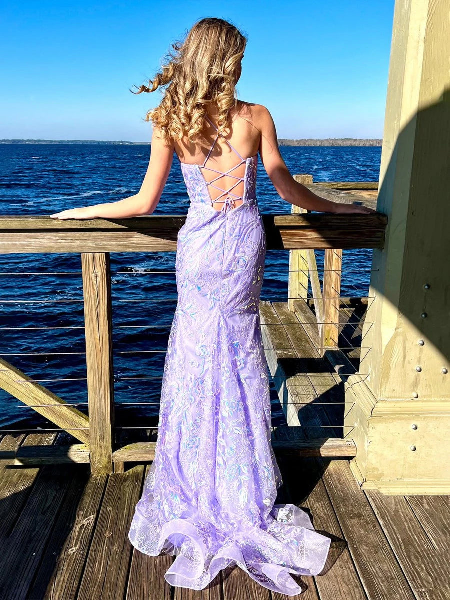 Mermaid Spagehtti Straps Lilac Lace Sequin Long  Floor Length Scoop Neckline Sleeveless Appliques Lace-up Party Dresses Homecoming Dress Prom Dress