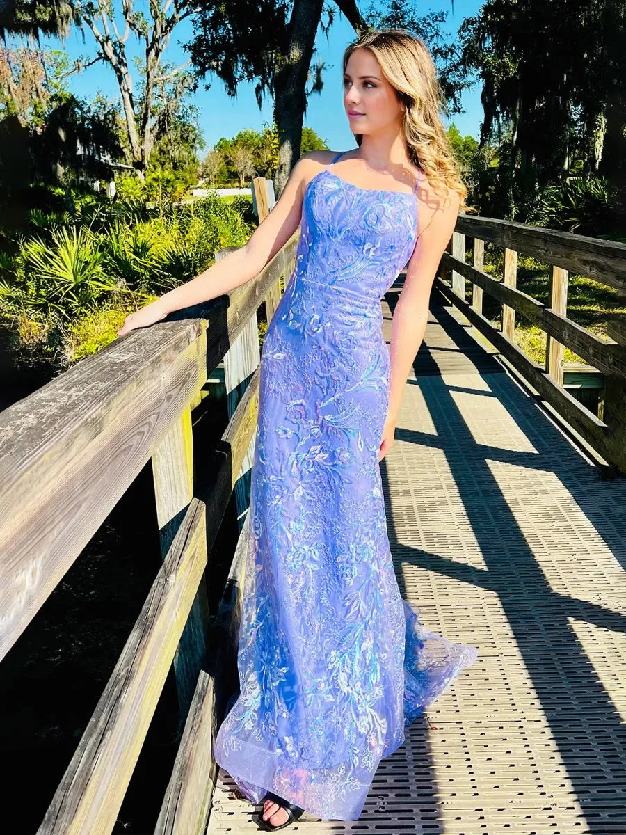 Mermaid Spagehtti Straps Lilac Lace Sequin Long  Floor Length Scoop Neckline Sleeveless Appliques Lace-up Party Dresses Homecoming Dress Prom Dress