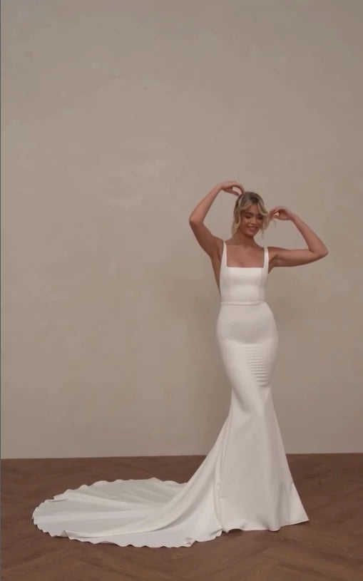 Mermaid Spaghetti Strap White Satin Long Sweep Floor length Wedding Dress Prom Dress Cocktail Dress Homecoming Dress Evening Dress Party Dress