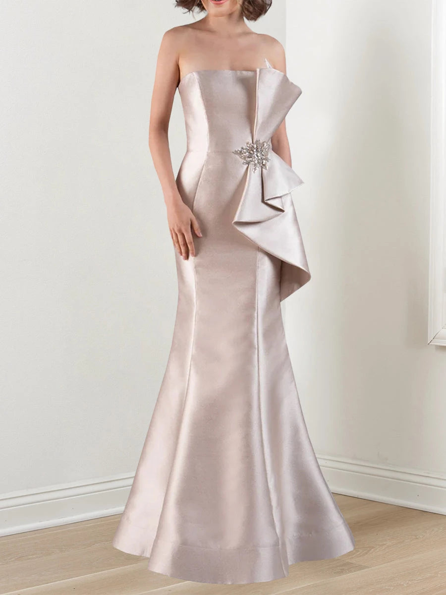 Mermaid Strapless Satin Sweep Train Evening Dresses With Beading