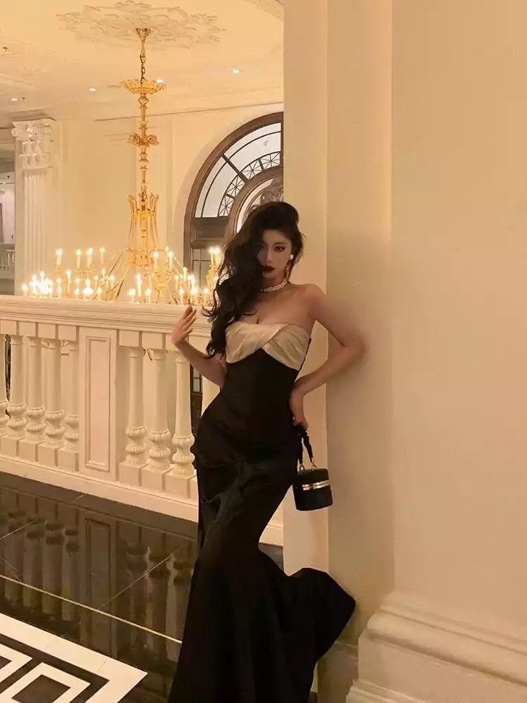 Mermaid Strapless Sleeveless Black Ankle Length Ruffle Prom Dresses Evening Dress