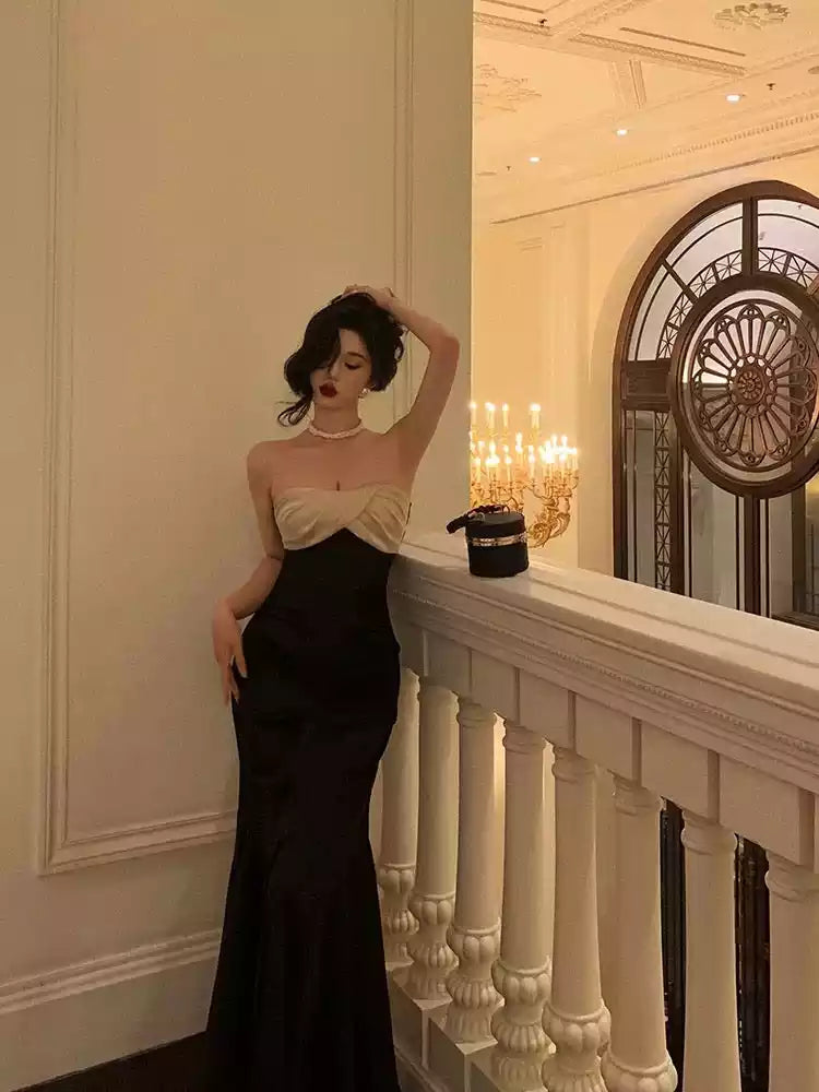 Mermaid Strapless Sleeveless Black Ankle Length Ruffle Prom Dresses Evening Dress