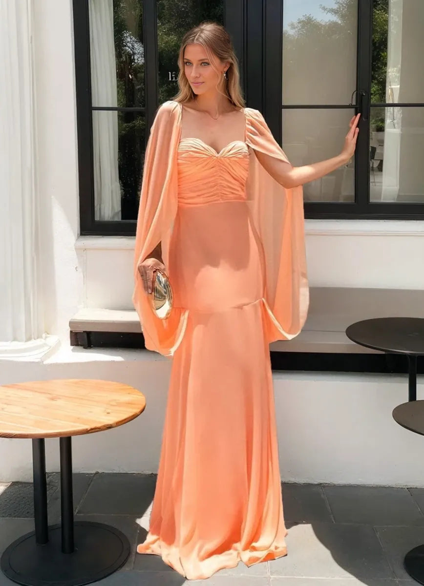 Mermaid Sweetheart Ruched Floor Length with Evening Dresses Party Dress Cape Prom Dresses