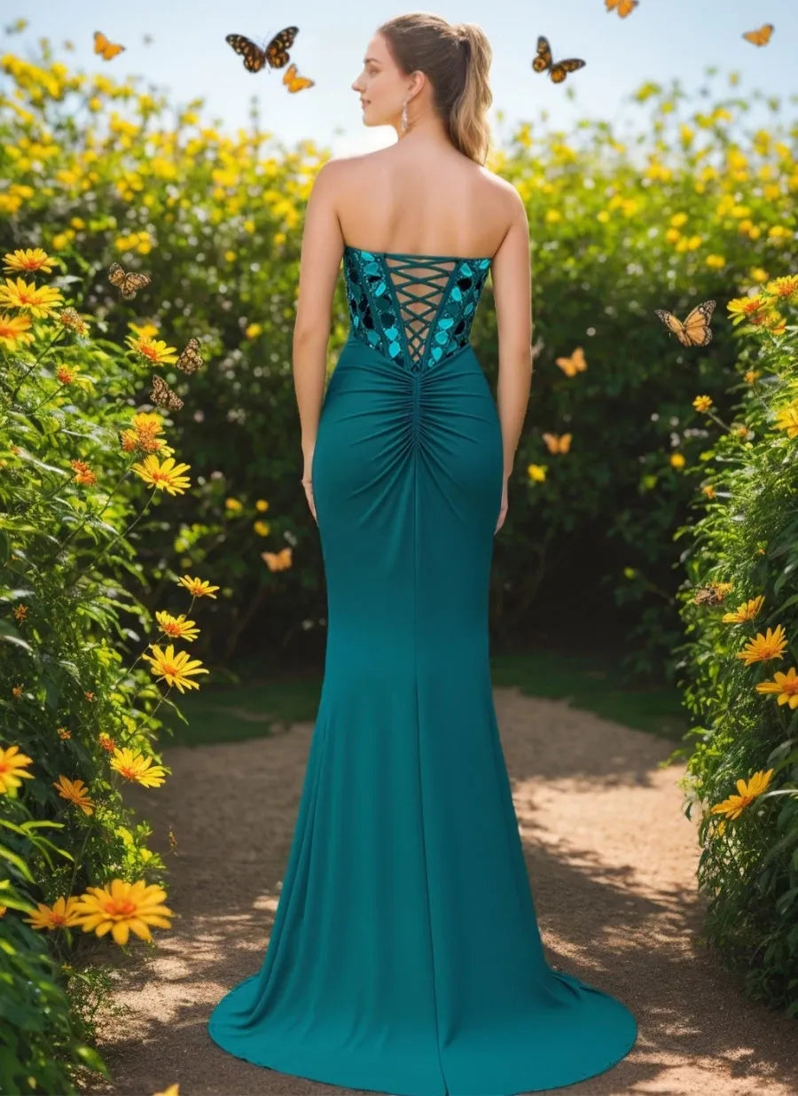 Mermaid Sweetheart Ruched with Beading Sequins Lace-up Slit Prom Dresses
