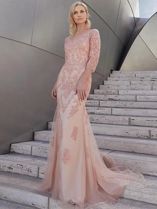 Mermaid Tulle Lace V-neck short Sleeves Train Mother of the Bride Dresses