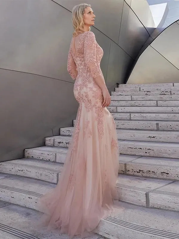 Mermaid Tulle Lace V-neck short Sleeves Train Mother of the Bride Dresses