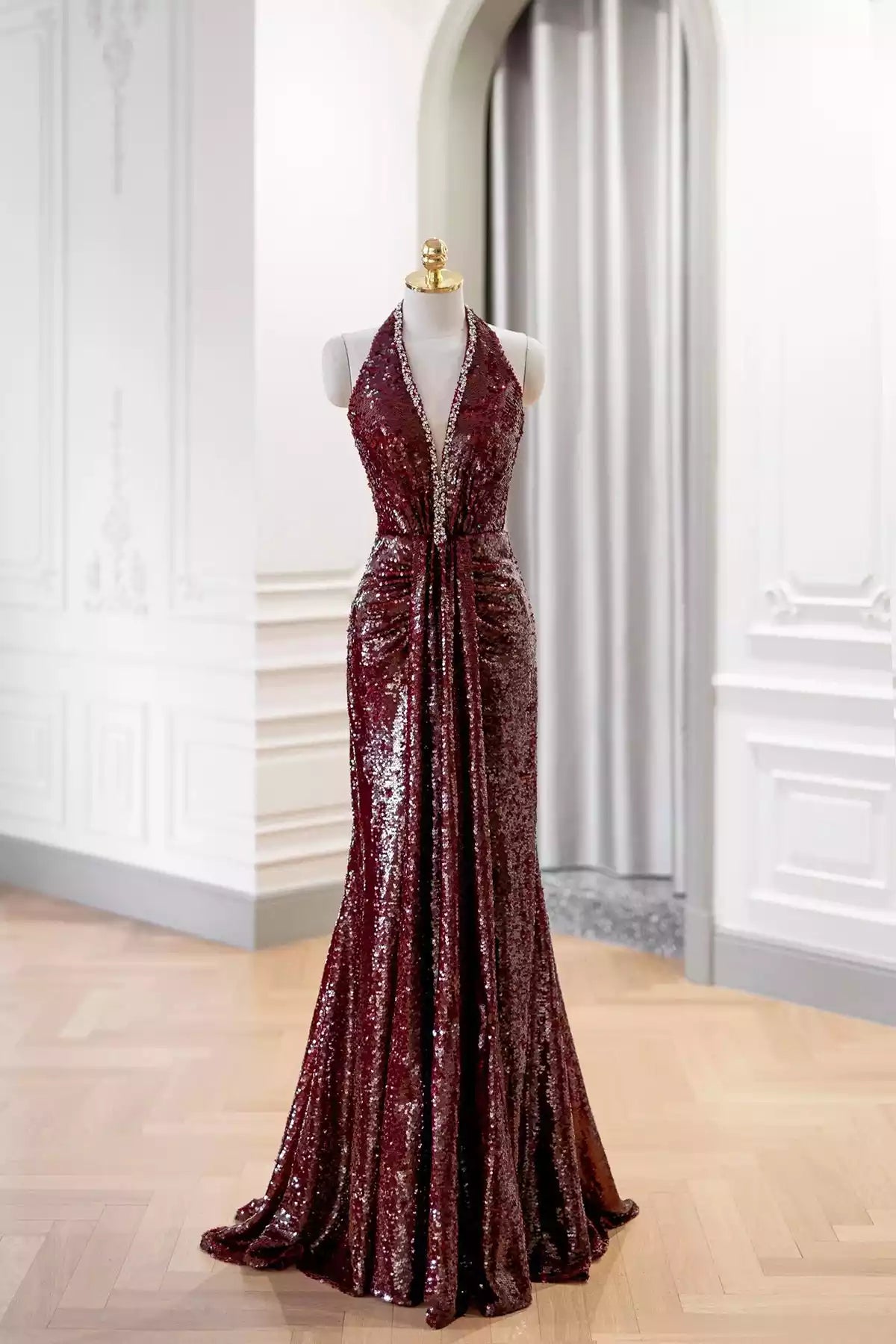Mermaid V-Neck Burgundy Sequins Long Prom Dress Evening Party Dress