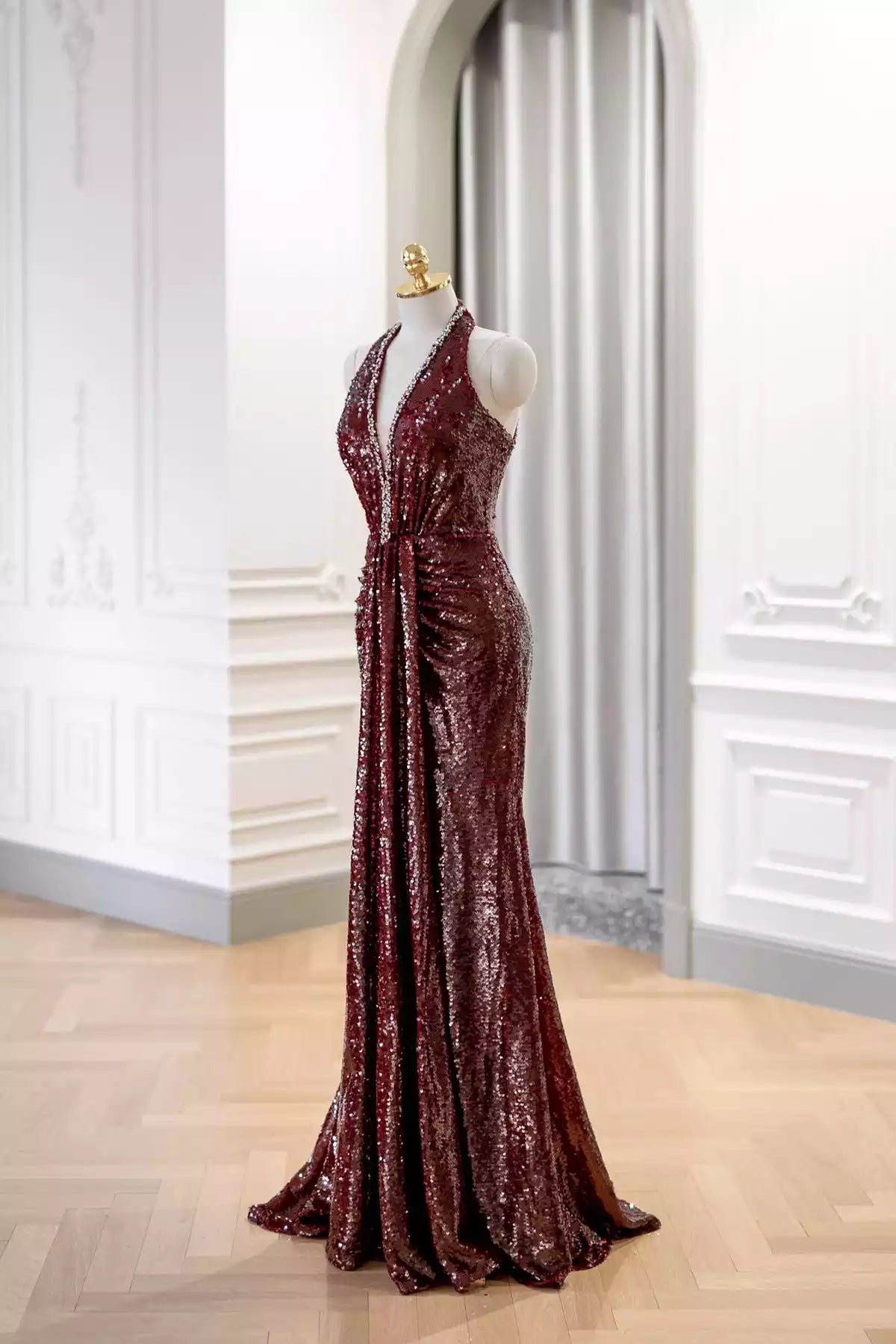 Mermaid V-Neck Burgundy Sequins Long Prom Dress Evening Party Dress