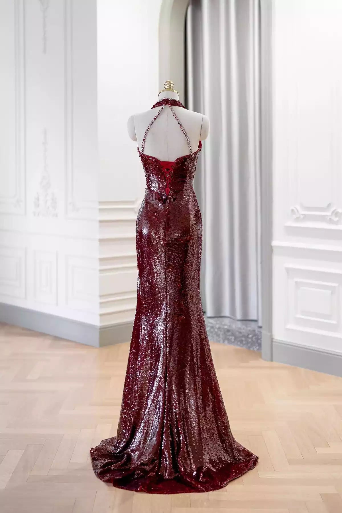 Mermaid V-Neck Burgundy Sequins Long Prom Dress Evening Party Dress