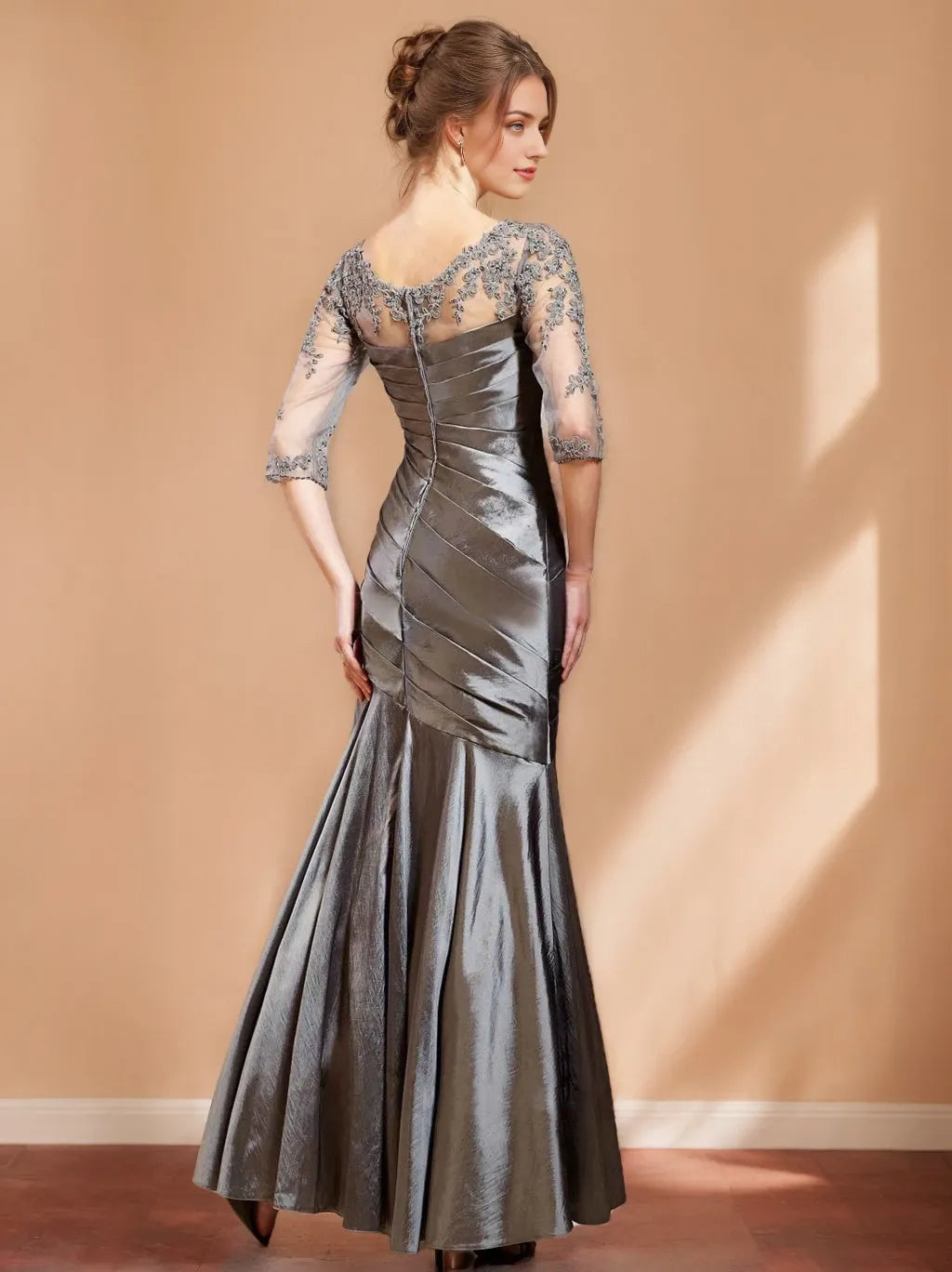 Mermaid V-Neck Long Length Sleeves Floor-Length Unique With Appliques Ruching Evening Dresses