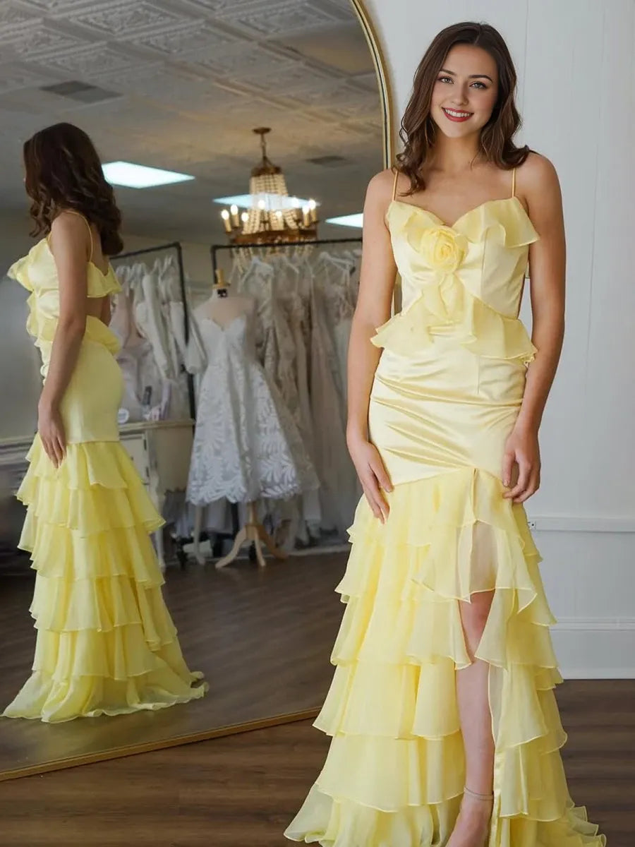 Mermaid V-Neck Yellow Ruffle Chiffon Long Floor-Length Sleeveless Lace-Up with Flower