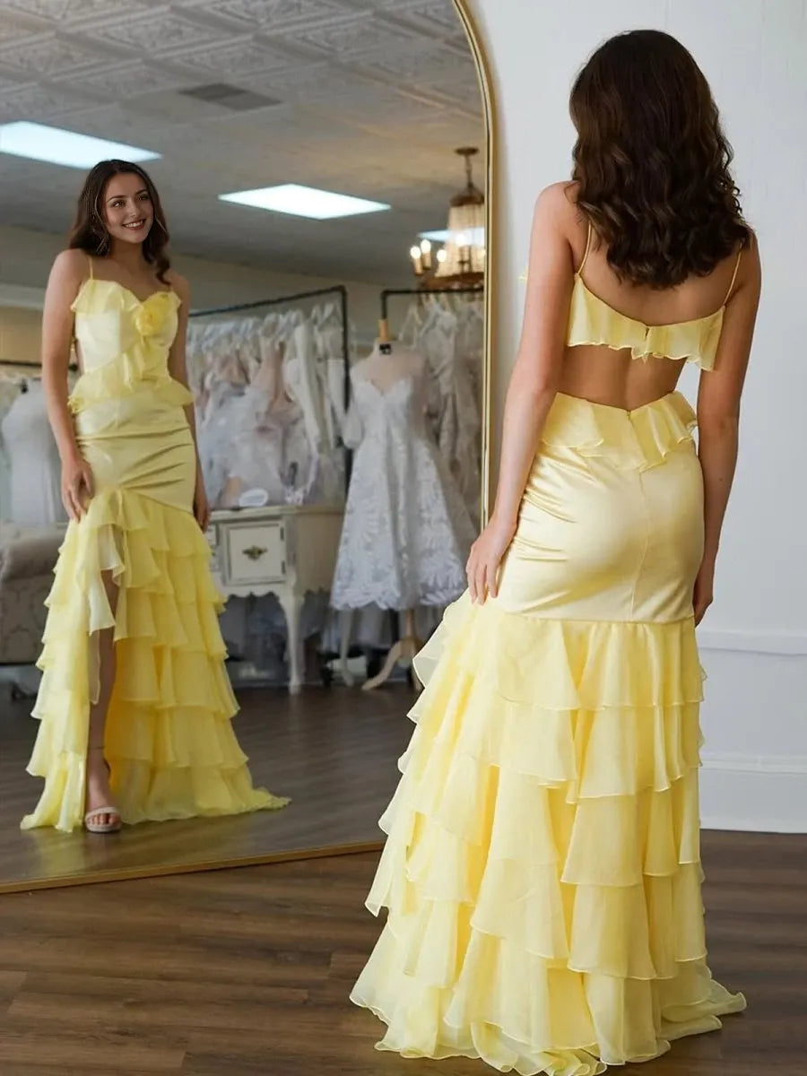 Mermaid V-Neck Yellow Ruffle Chiffon Long Floor-Length Sleeveless Lace-Up with Flower