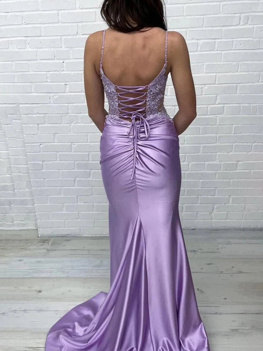 Mermaid V Neck Lavender Satin Long Sleeveless with Appliques Lace-Up Back Party Dresses Homecoming Dress Prom Dress