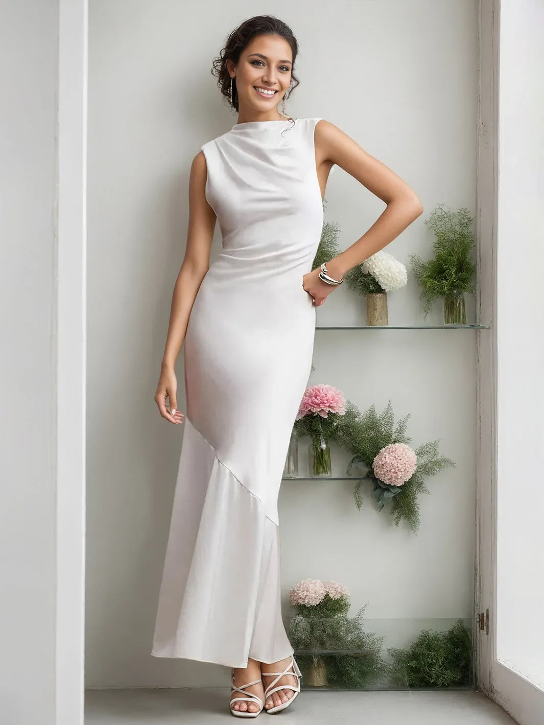 Mermaid White Sleeveless Floor Length Dress With Ruffles Evening Dresses