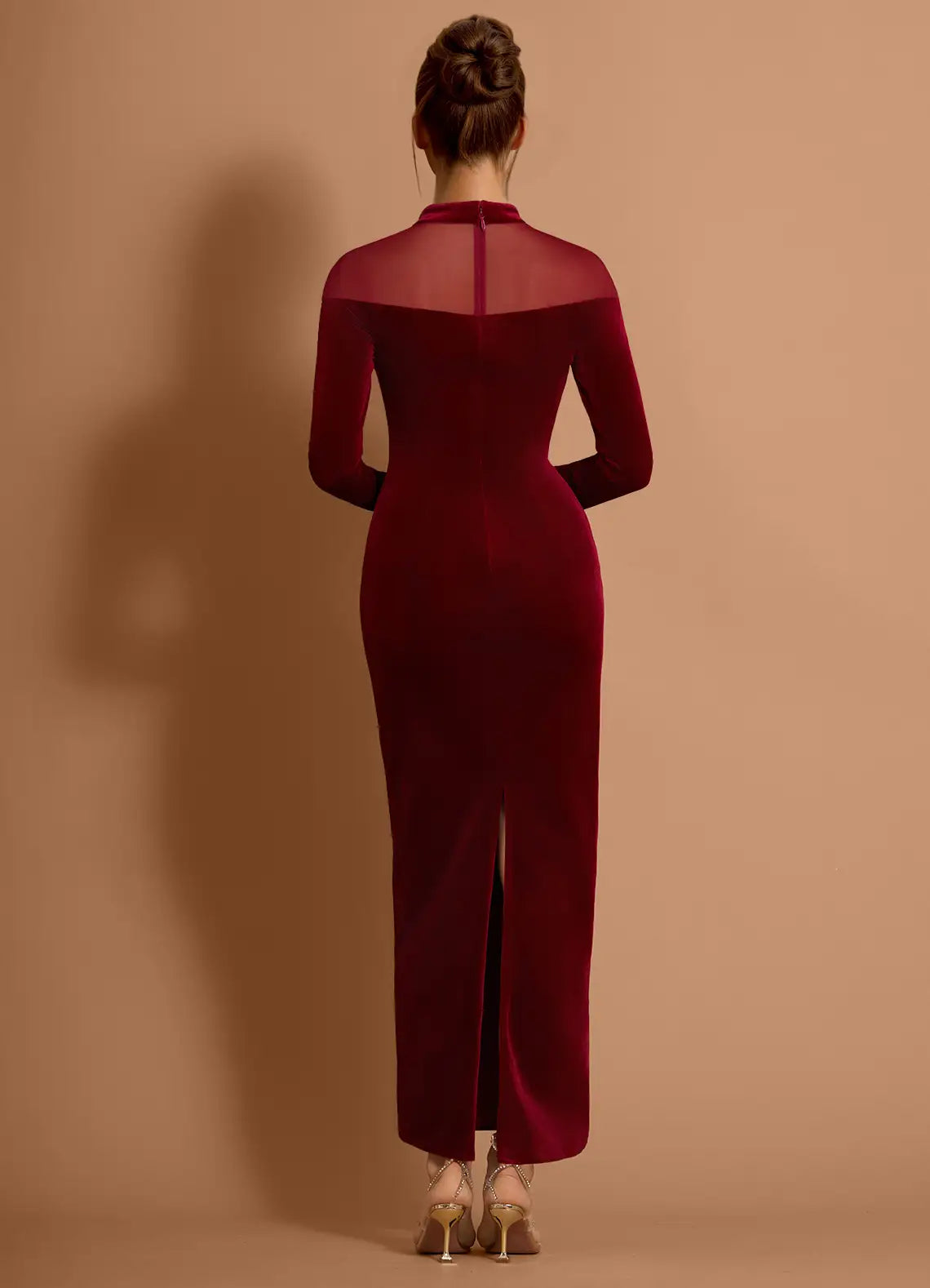 Mesh Paneled Velvet Sheath Mock Neck Long Sleeve Zipper Back Midi Length Hot sale Prom Dress
