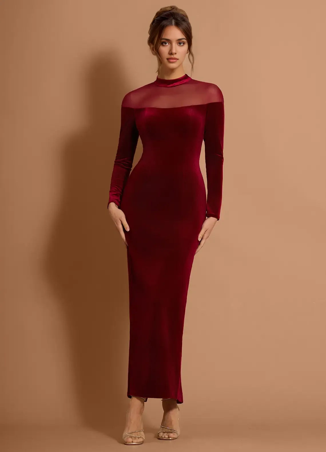 Mesh Paneled Velvet Sheath Mock Neck Long Sleeve Zipper Back Midi Length Hot sale Prom Dress