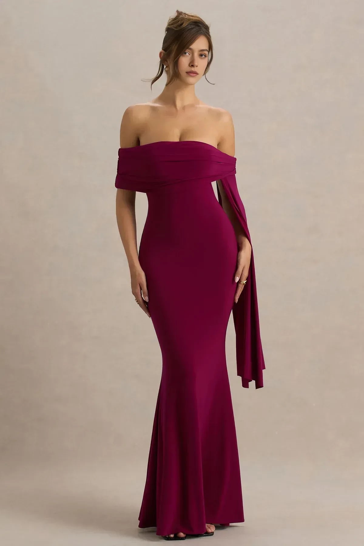 Mesmerizing Mermaid Off Shoulder Drape Sleeve Zipper Back Floor Length Evening Dress