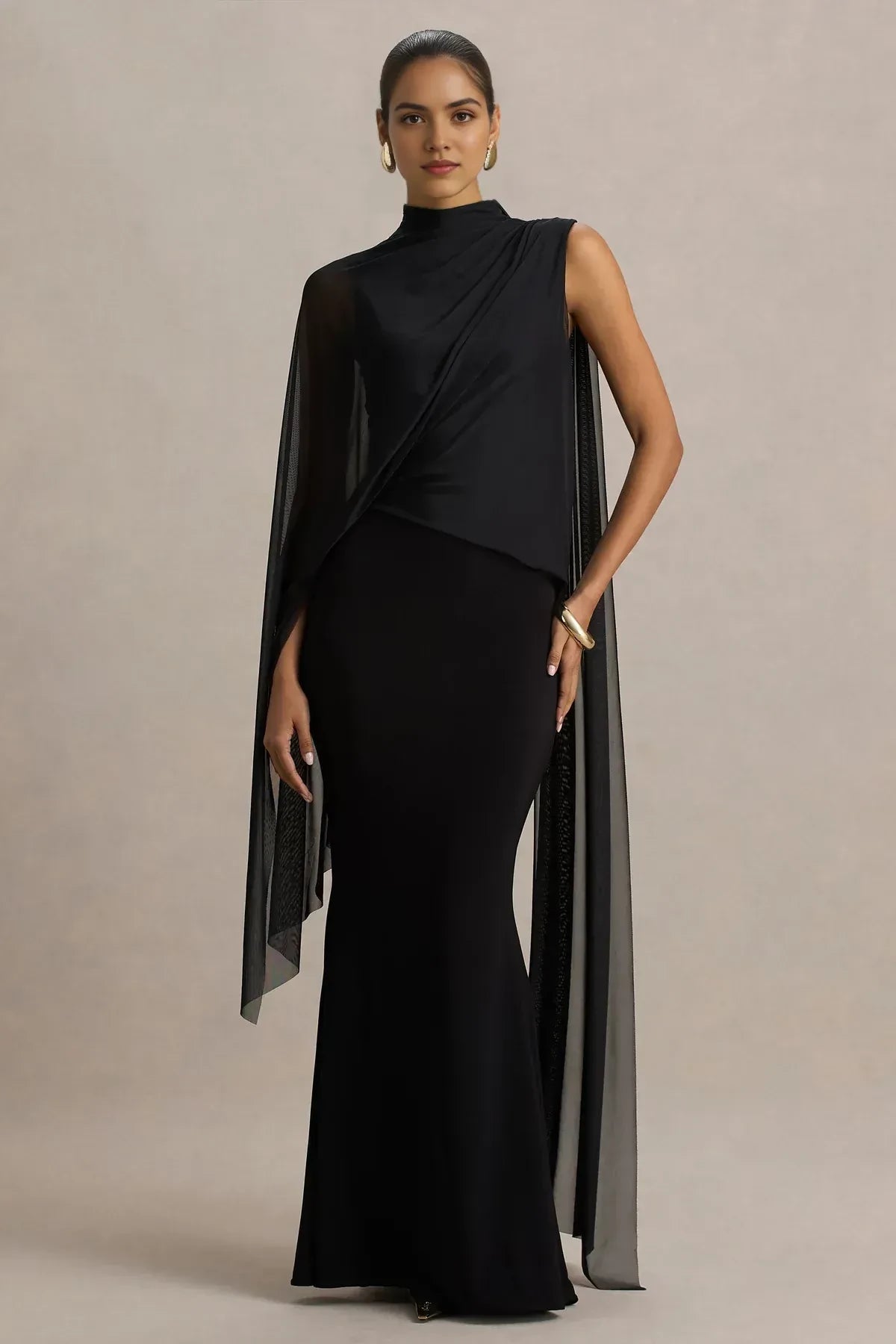 Mesmerizing Sheath High Neck Draped Sleeve Open Back Floor Length Evening Dress