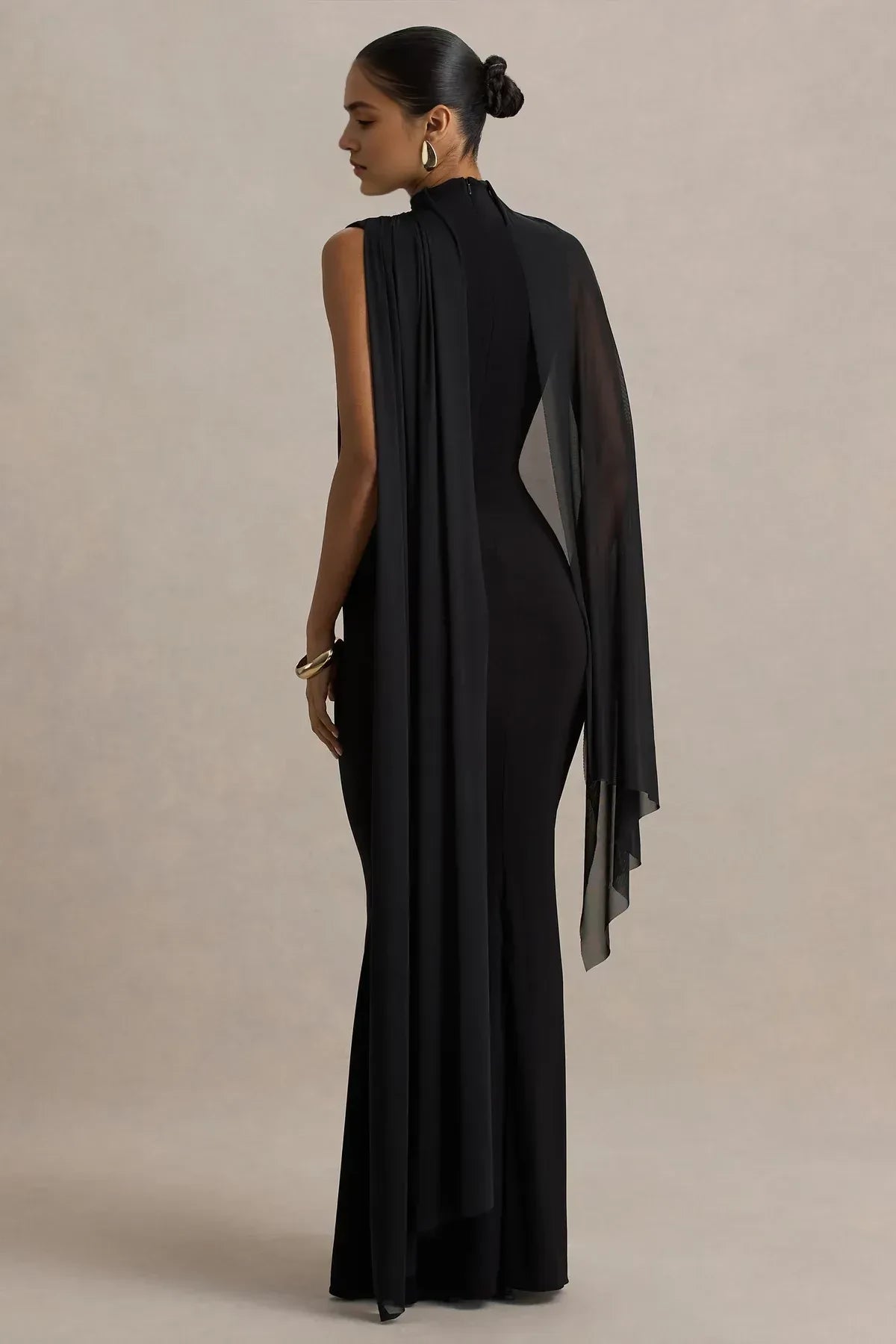 Mesmerizing Sheath High Neck Draped Sleeve Open Back Floor Length Evening Dress