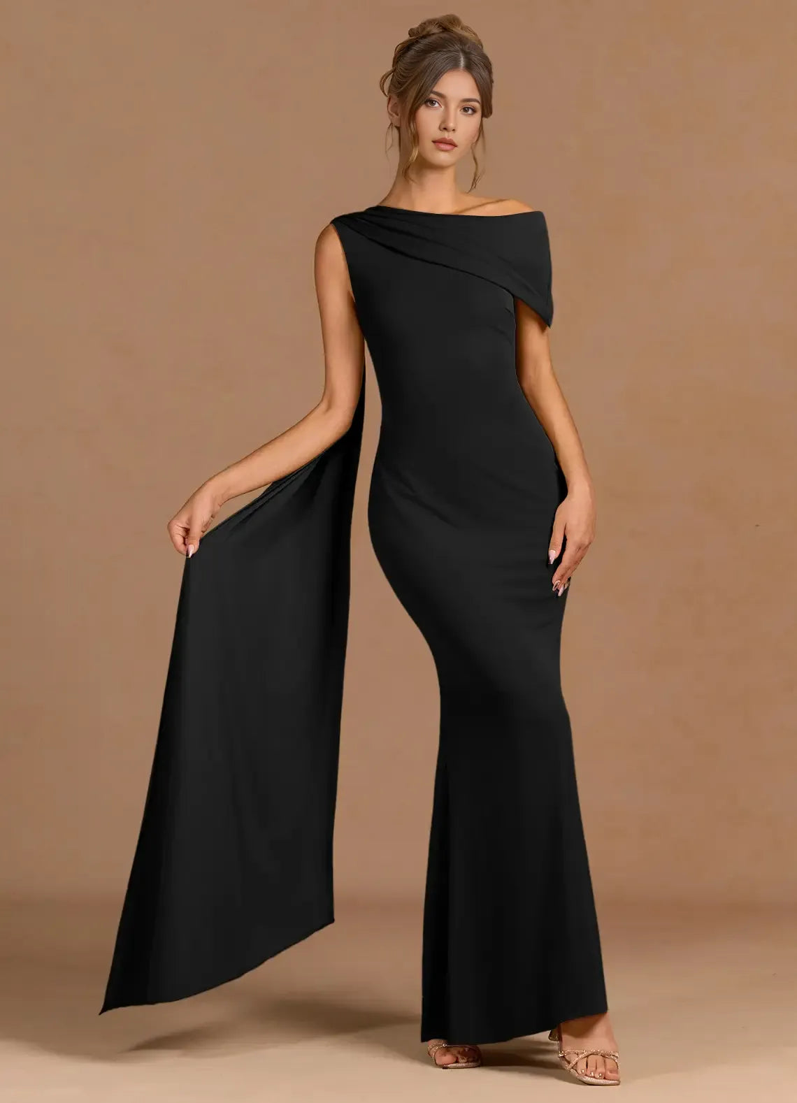 Mesmerizing Trumpet One Shoulder Cape Sleeve Open Back Floor Length For Sale Prom Dress