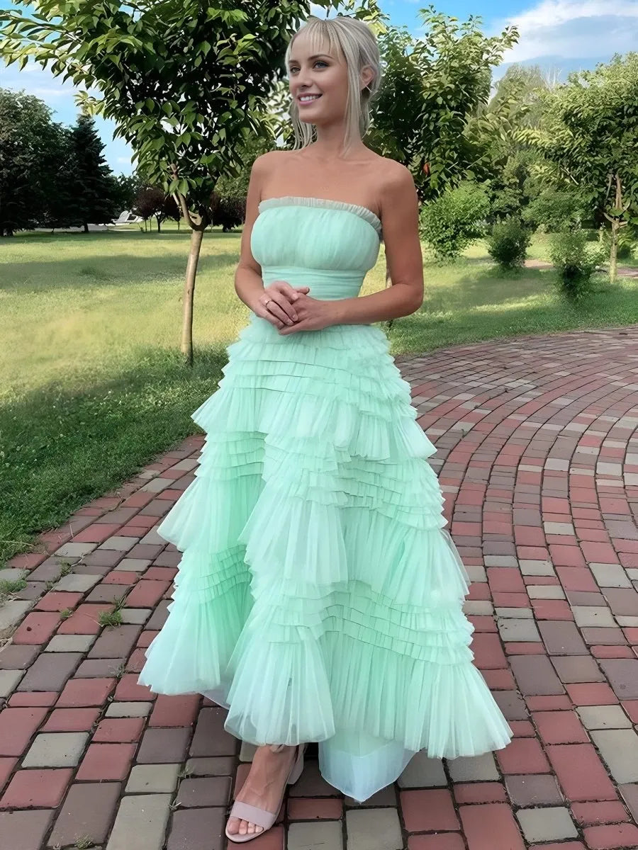 Mint Green Strapless Tulle Ankle-Length Sleeveless Tiered Ruffles High-low Evening Dresses Evening Dresses Prom Dress