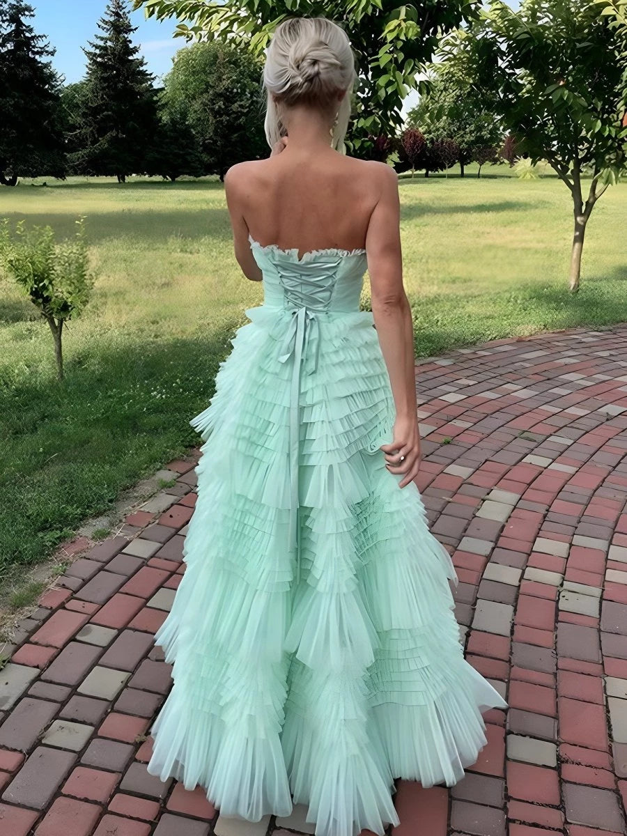 Mint Green Strapless Tulle Ankle-Length Sleeveless Tiered Ruffles High-low Evening Dresses Evening Dresses Prom Dress