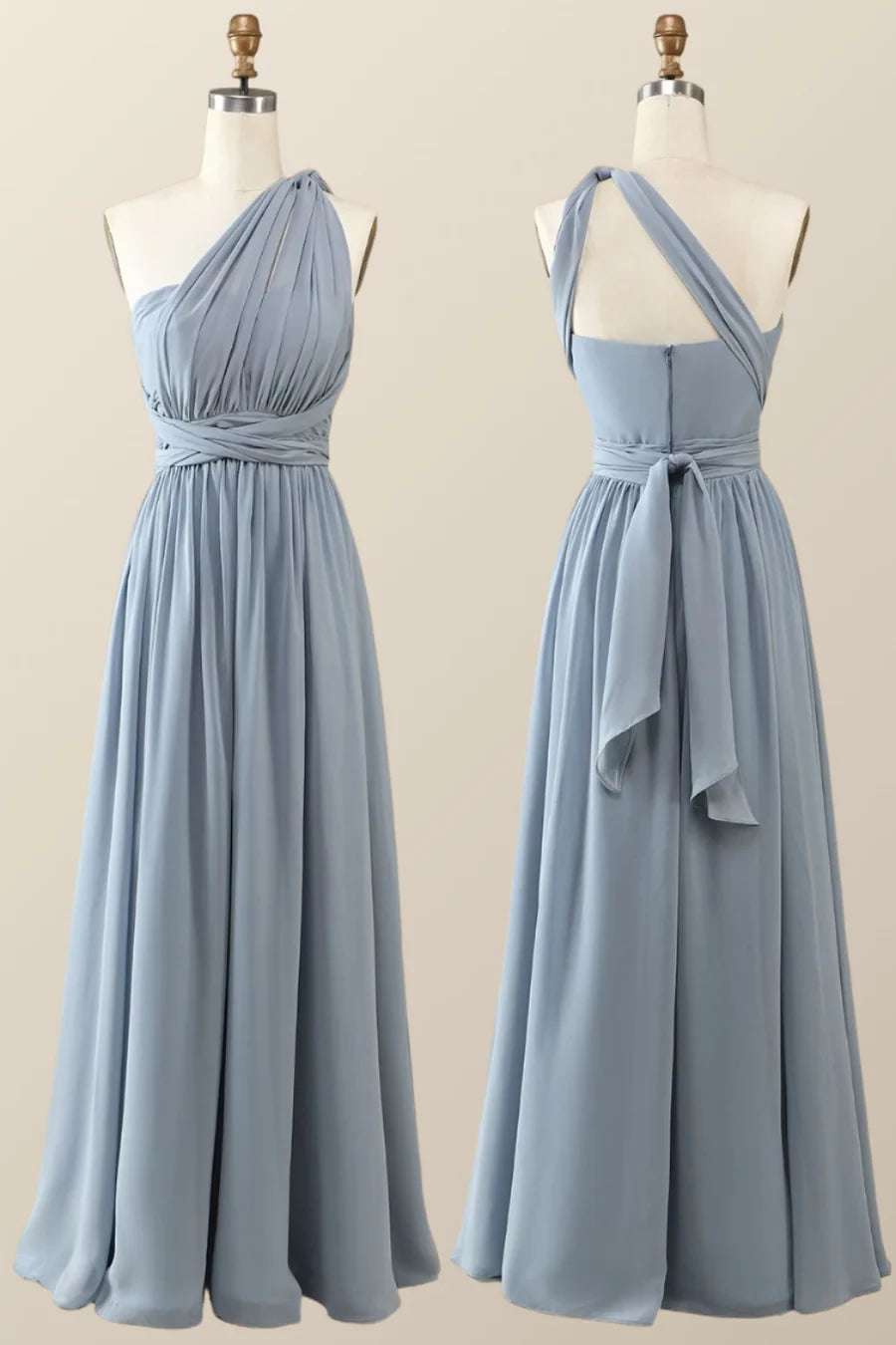 Misty Blue Chiffon A-Line Convertible Long Sleeveless Off-the-shoulder Prom Dress Cocktail Dress Homecoming Dress Evening Dress Party Dress