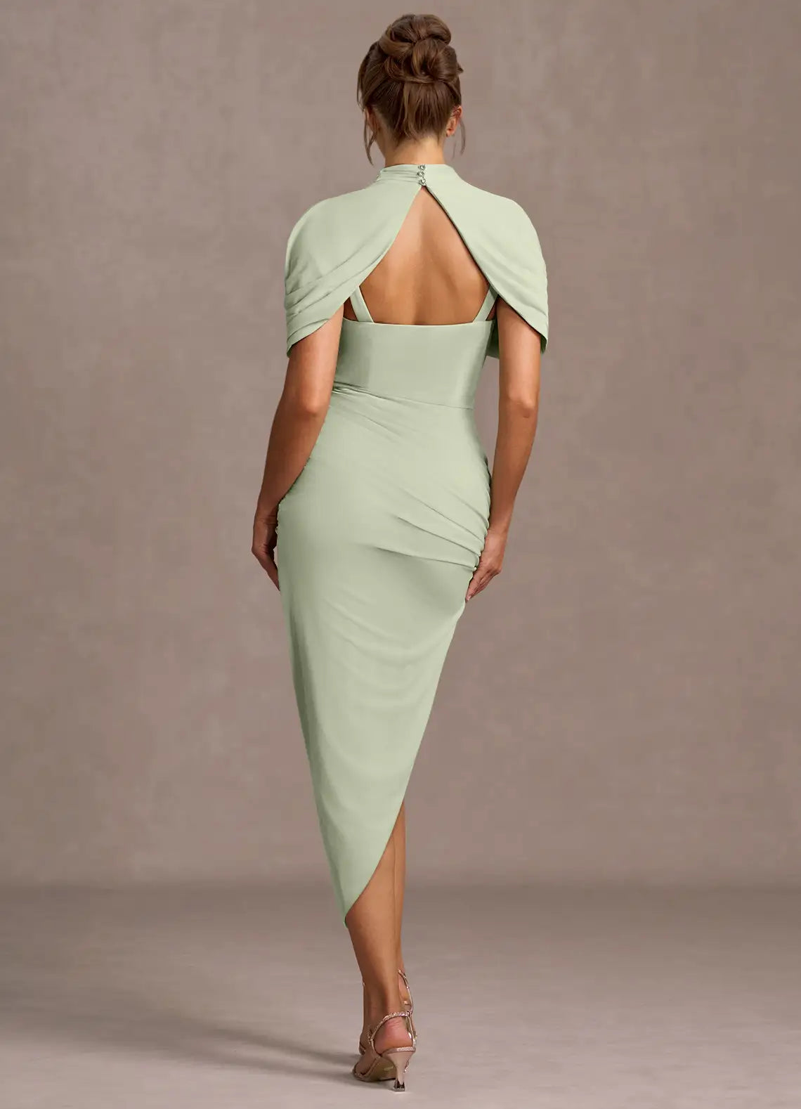 Mock Neck Ruched Sleeve Sheath Keyhole Back Asymmetrical Hem Midi Length Female Prom Dress