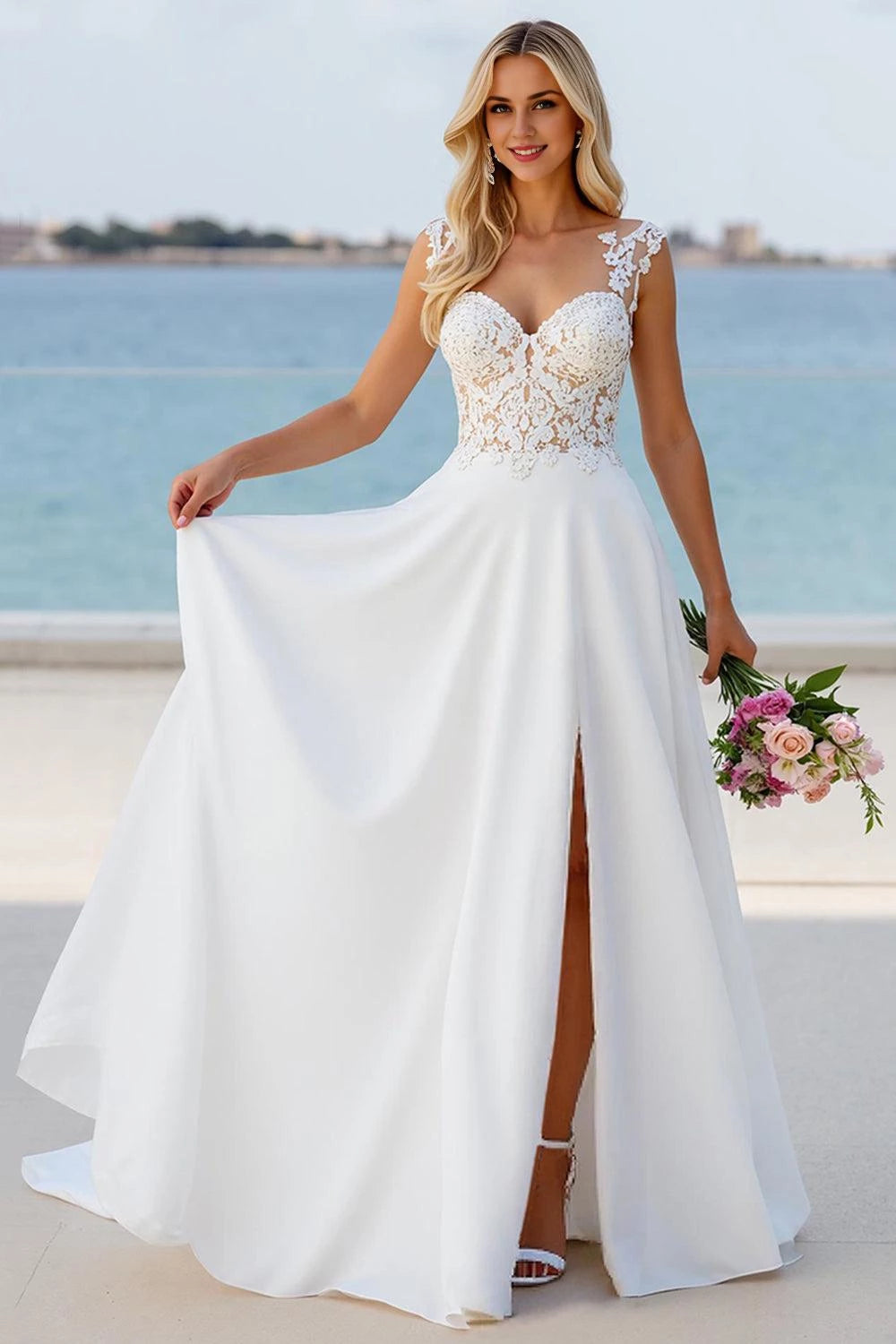 Modern A Line Sweetheart Neck Sleeveless Open Back Floor Length Wedding Dress
