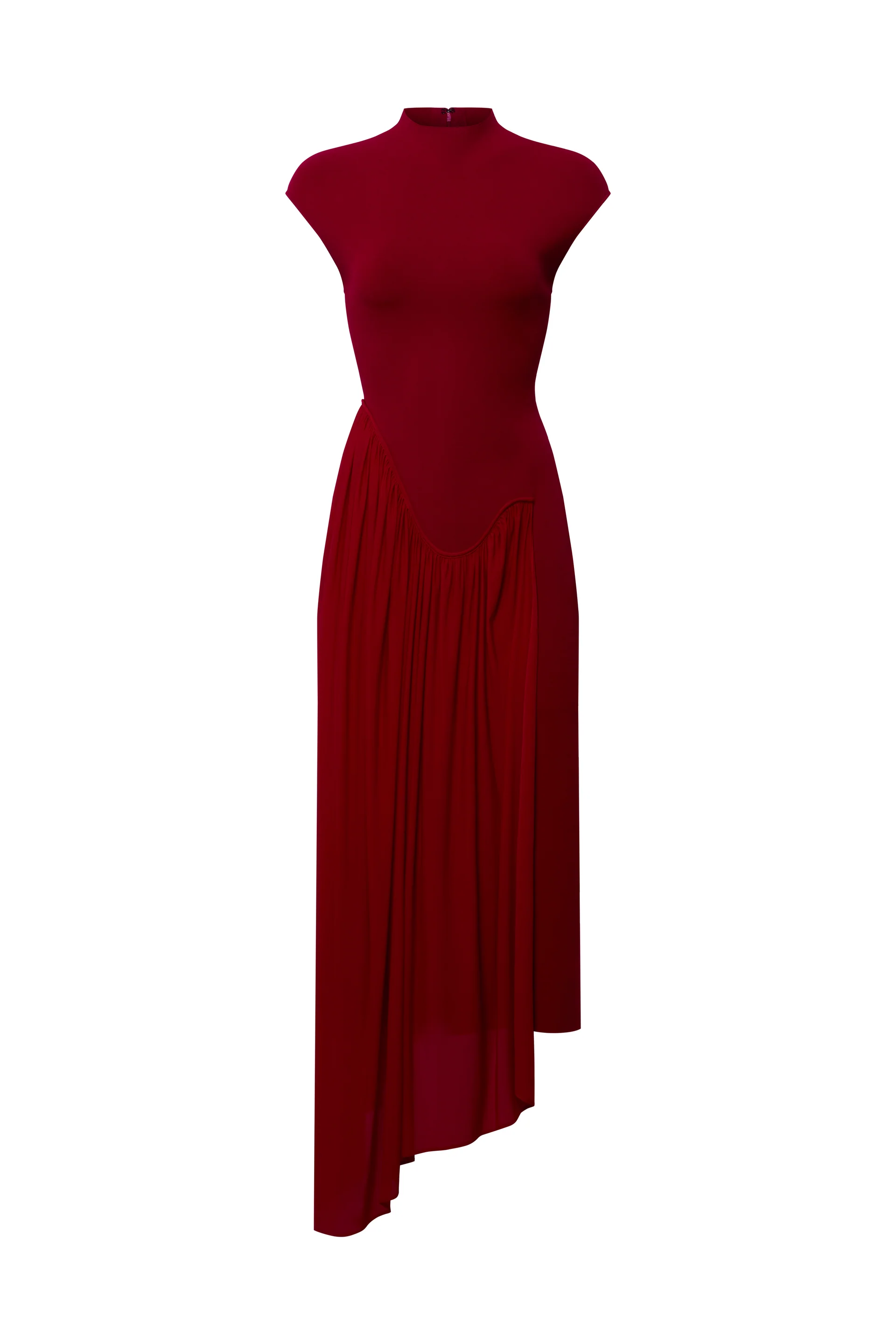 Modern Asymmetrical Mock Neck Cap Sleeve Zipper Back Midi Length For Adults Prom Dress