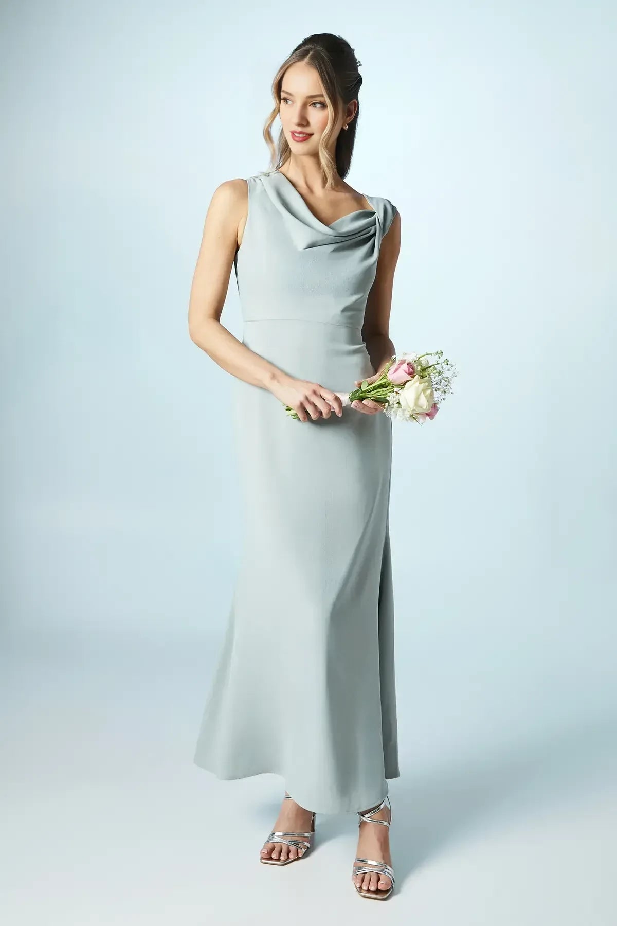 Modern Sheath Cowl Neck Sleeveless Zipper Back Floor Length Bridesmaid Dress