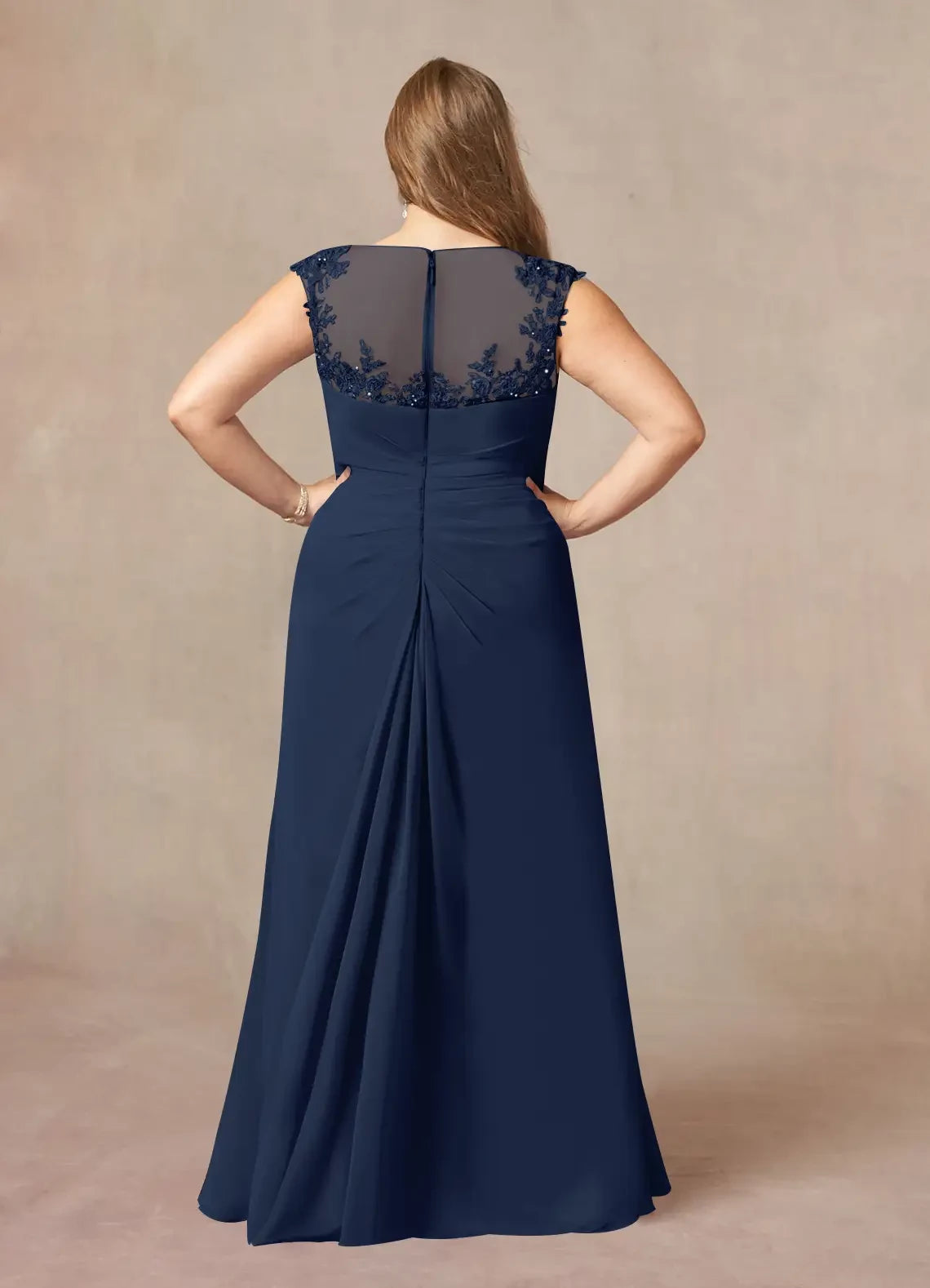 Modern Sheath Illusion Neck Cap Sleeve Ruched Back ﻿ Plus Size Floor Length Mother of the Bride Dress