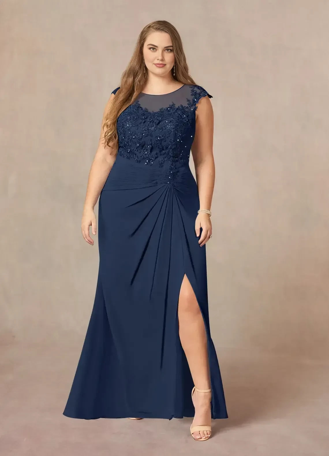 Modern Sheath Illusion Neck Cap Sleeve Ruched Back ﻿ Plus Size Floor Length Mother of the Bride Dress