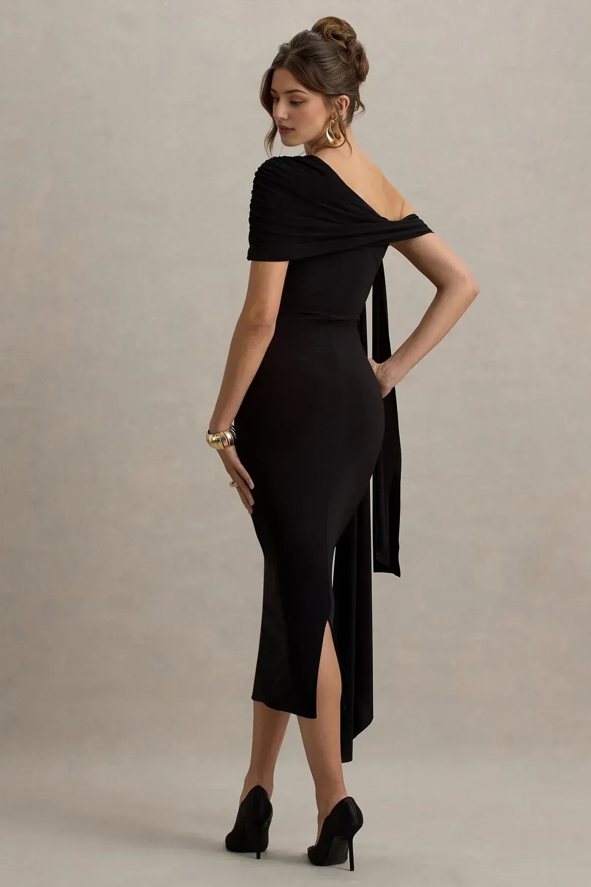 Modern Sheath One Shoulder Draped Sleeve Zipper Back Midi Length Evening Dress