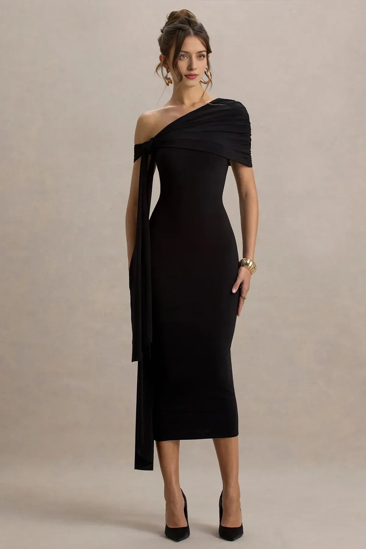 Modern Sheath One Shoulder Draped Sleeve Zipper Back Midi Length Evening Dress