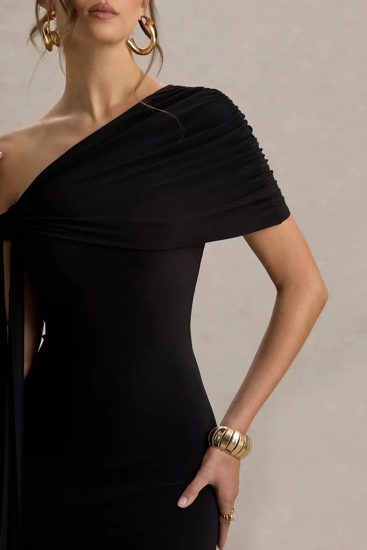 Modern Sheath One Shoulder Draped Sleeve Zipper Back Midi Length Evening Dress