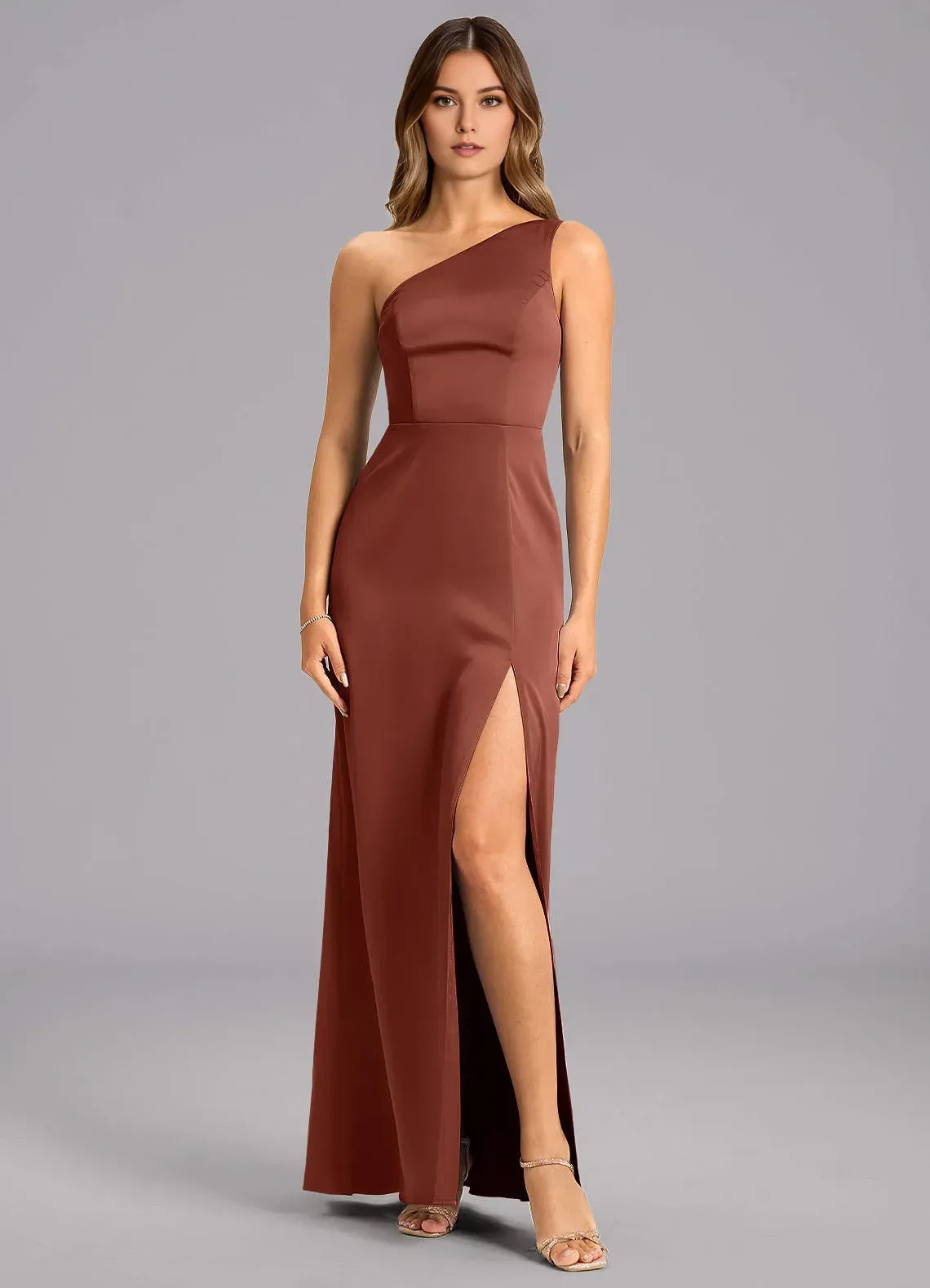 Modern Sheath One Shoulder Sleeveless Open Back Floor Length Bridesmaid Dress ﻿