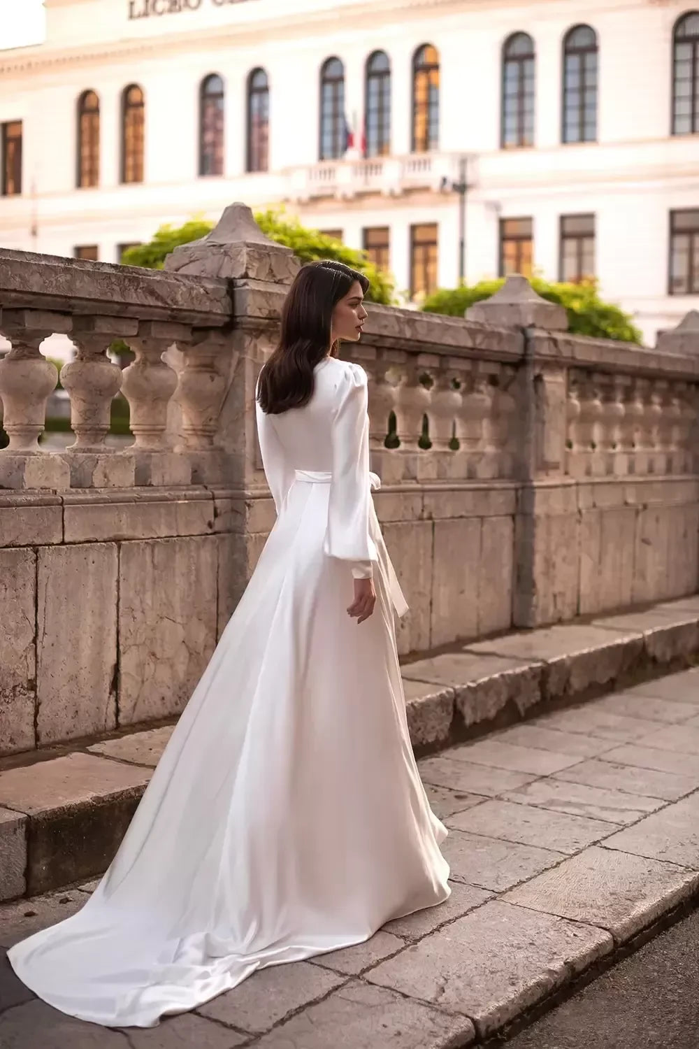 Modern Sheath Wrap V Neck Bishop Long Sleeve Open Back Long Length Wedding Dress