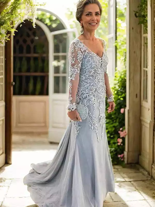 Long Sleeves Sweep Sheath Tulle Applique V-neck Train Mother of the Bride Dresses