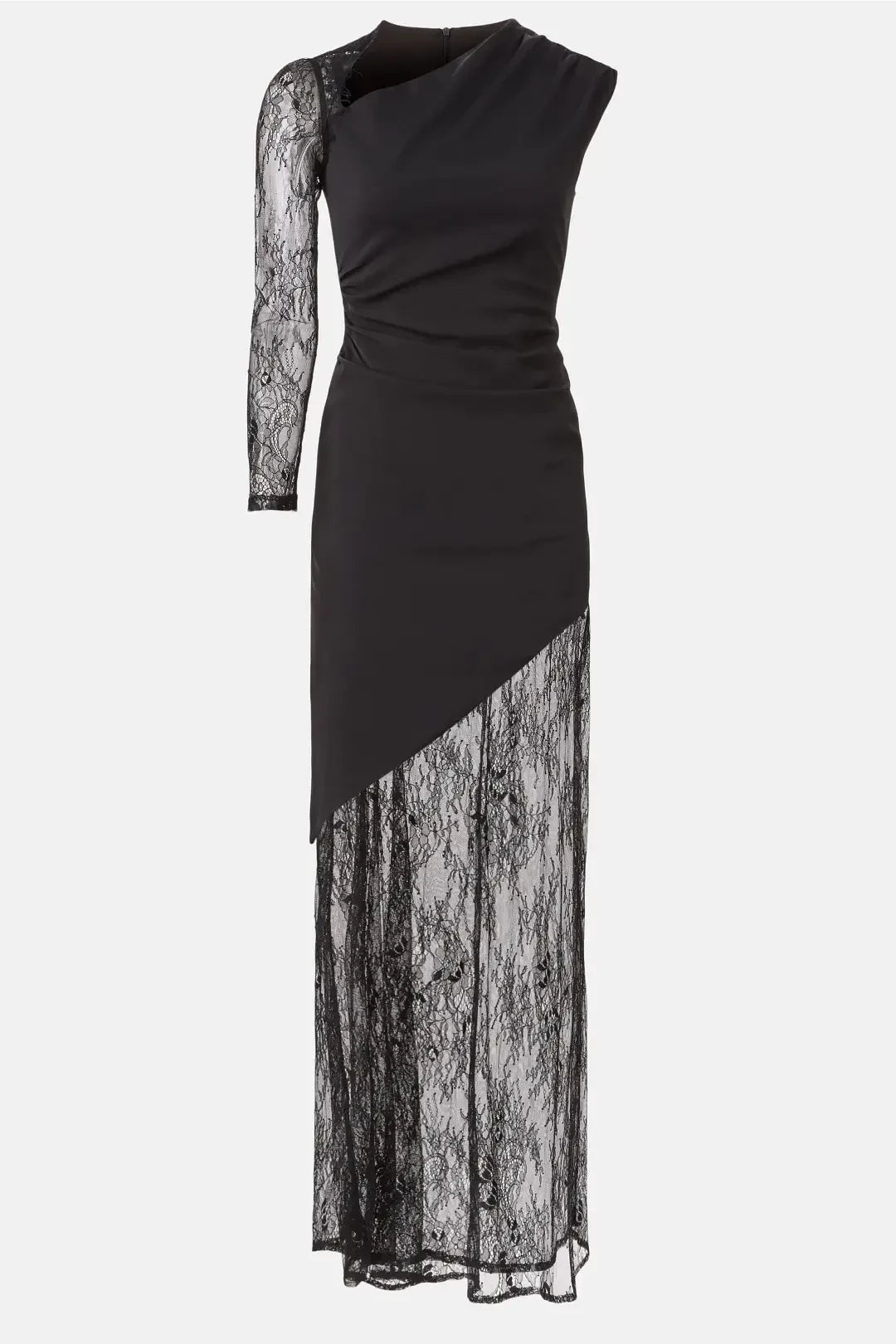 Mysterious Sheath Asymmetric Neck Lace Sleeve Open Back Floor Length Plus Size Prom Dress