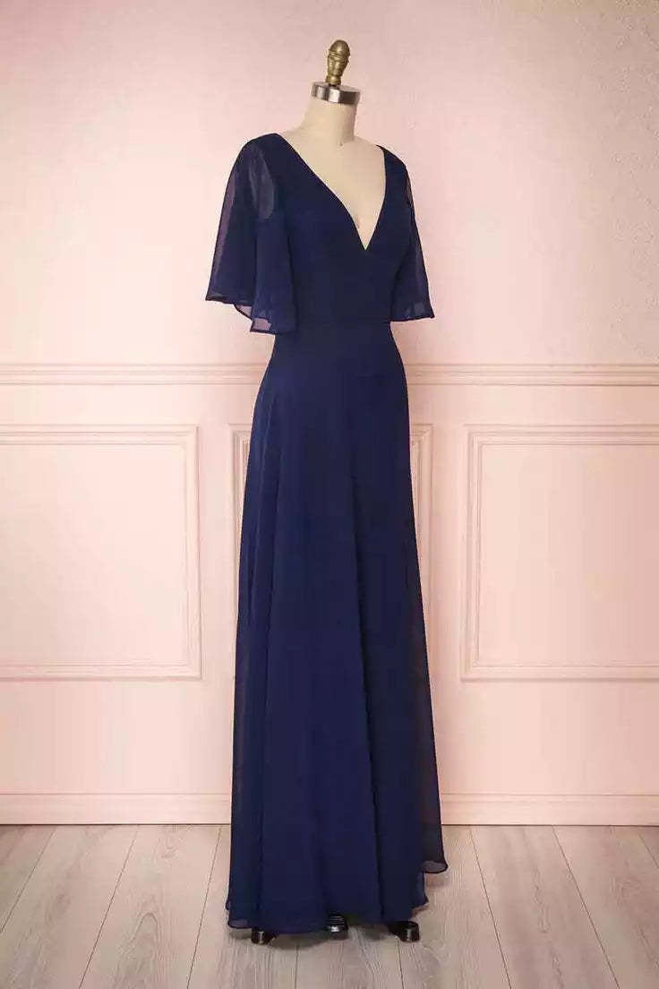 Navy Blue Chiffon V-Neck Ruffled Sleeve Floor length Long Bridesmaid Dress