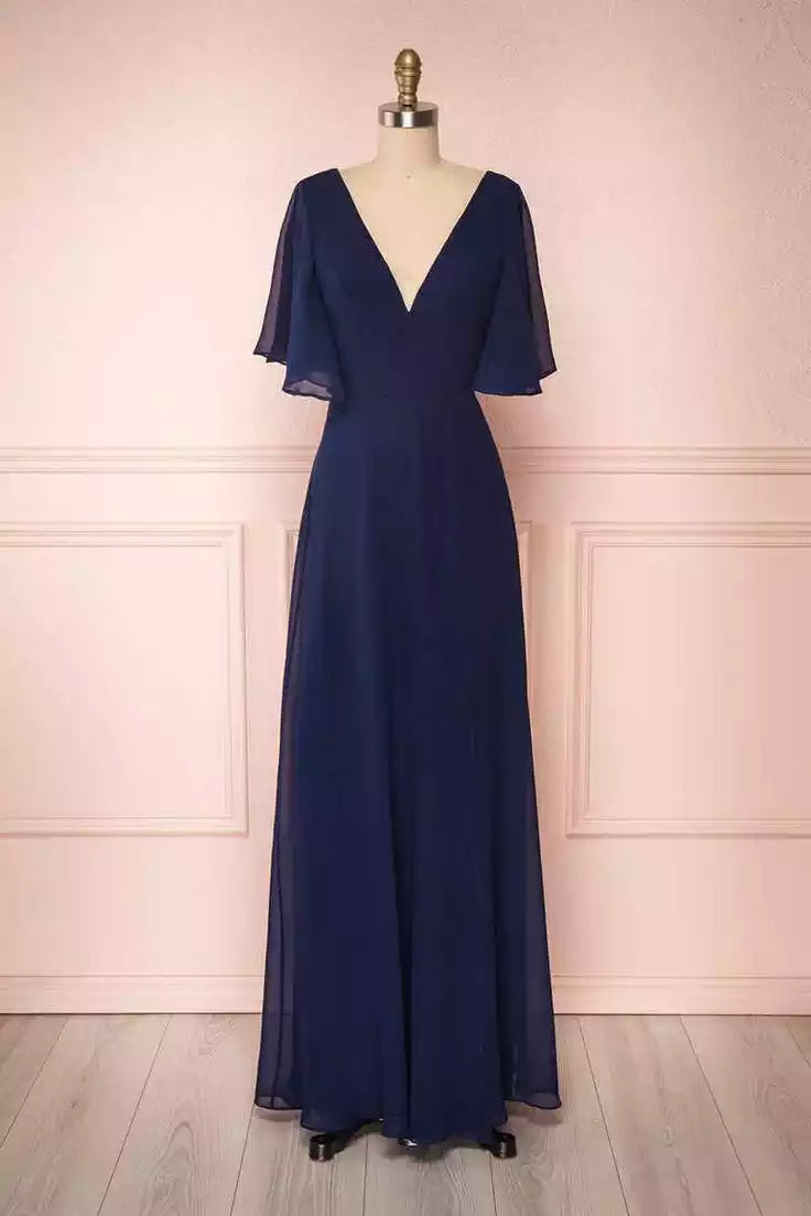 Navy Blue Chiffon V-Neck Ruffled Sleeve Floor length Long Bridesmaid Dress