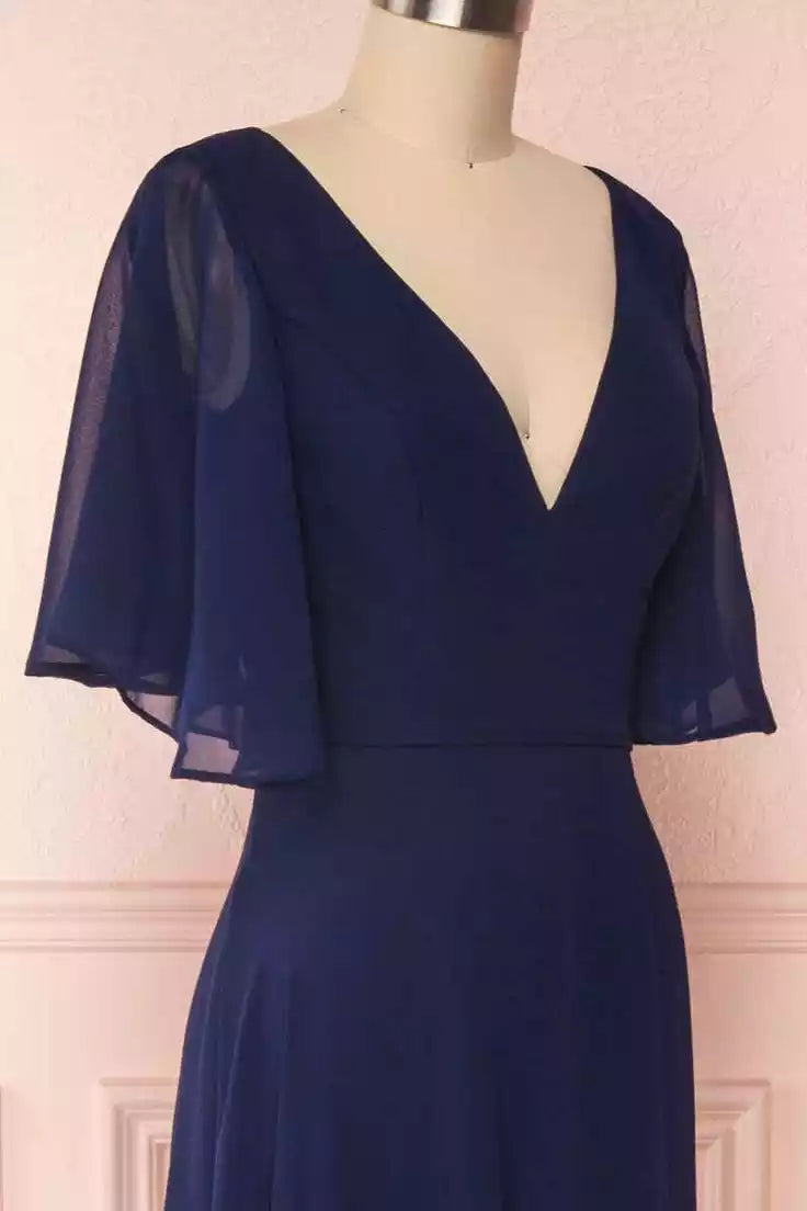 Navy Blue Chiffon V-Neck Ruffled Sleeve Floor length Long Bridesmaid Dress