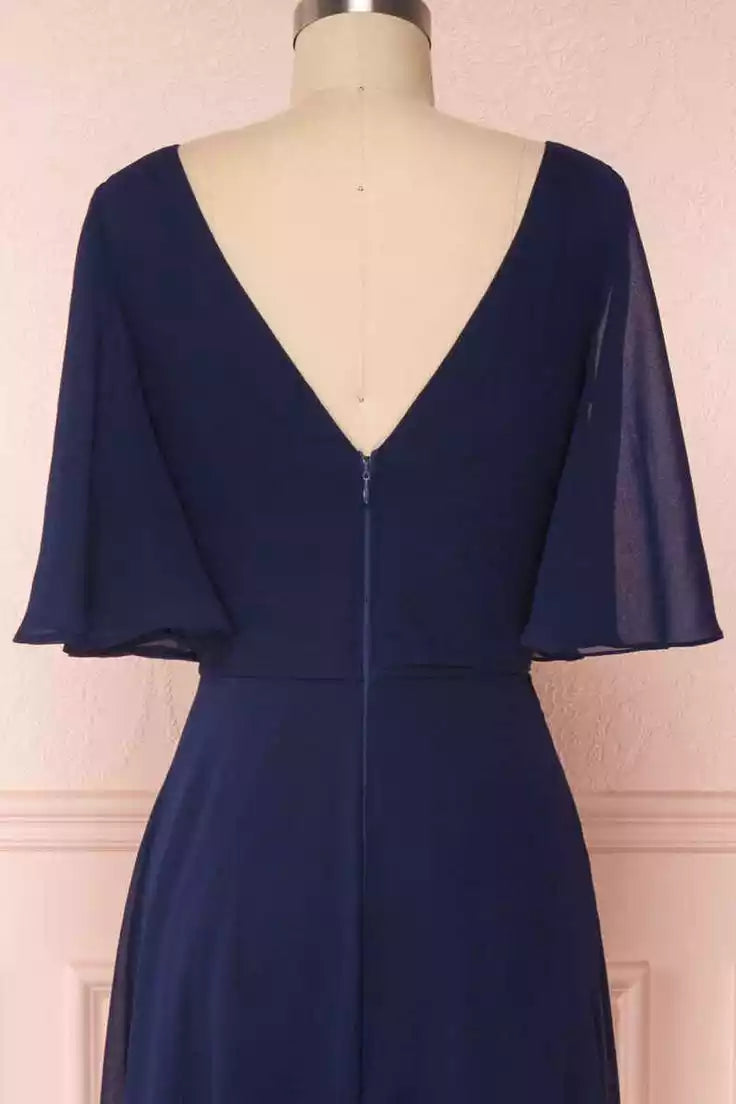 Navy Blue Chiffon V-Neck Ruffled Sleeve Floor length Long Bridesmaid Dress