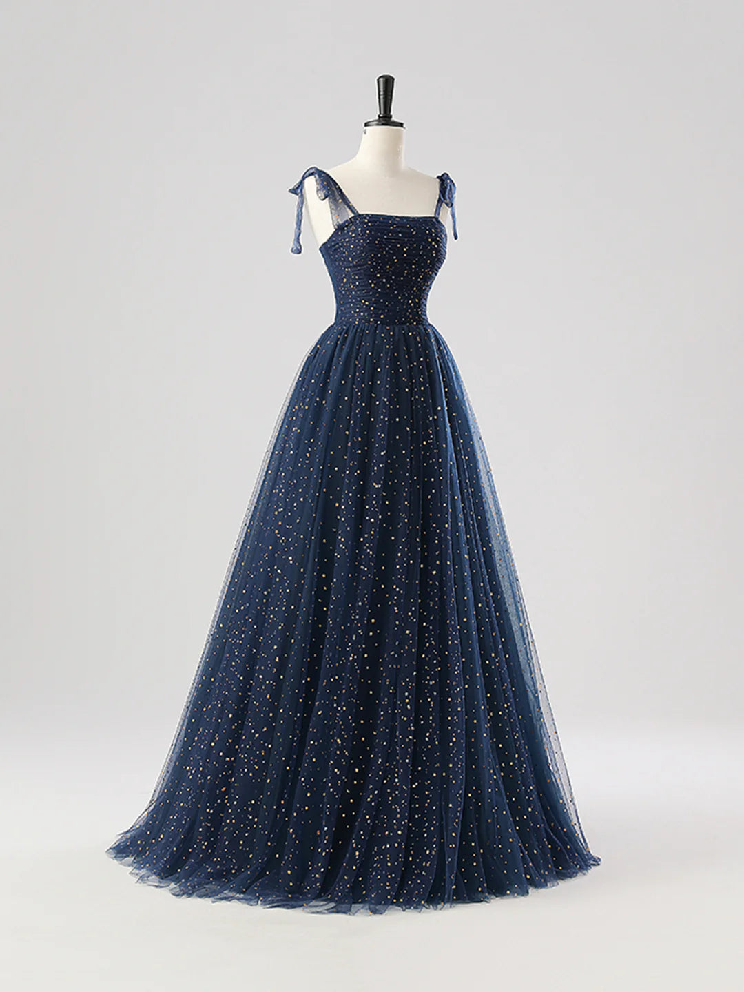 Navy Tulle Long Spaghetti Strap  Prom Dress A-Line Corset Evening Dress