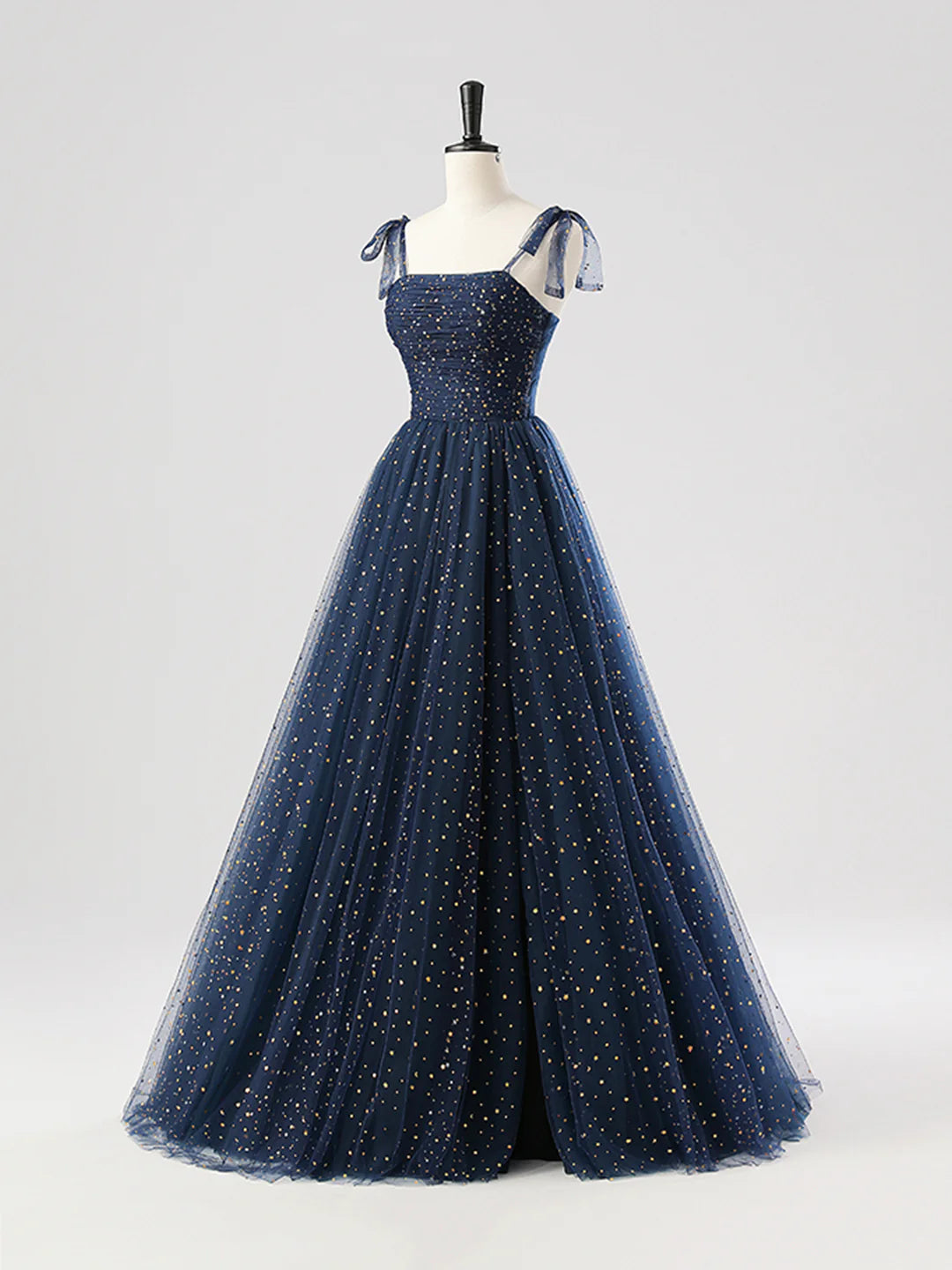 Navy Tulle Long Spaghetti Strap  Prom Dress A-Line Corset Evening Dress