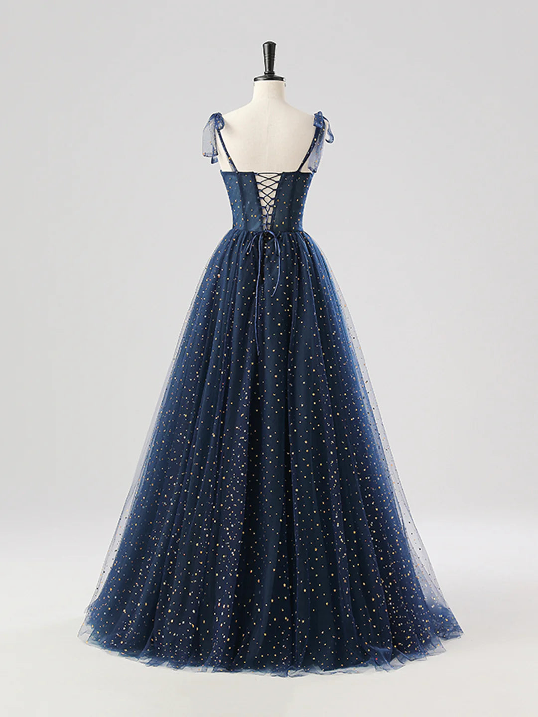 Navy Tulle Long Spaghetti Strap  Prom Dress A-Line Corset Evening Dress