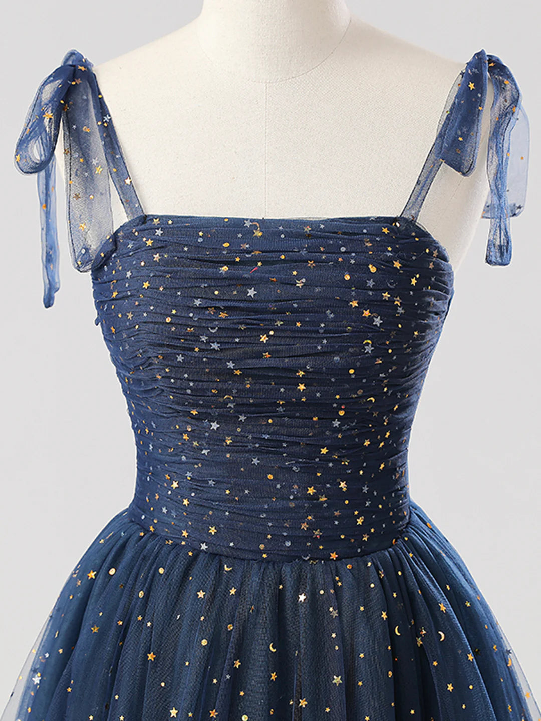 Navy Tulle Long Spaghetti Strap  Prom Dress A-Line Corset Evening Dress