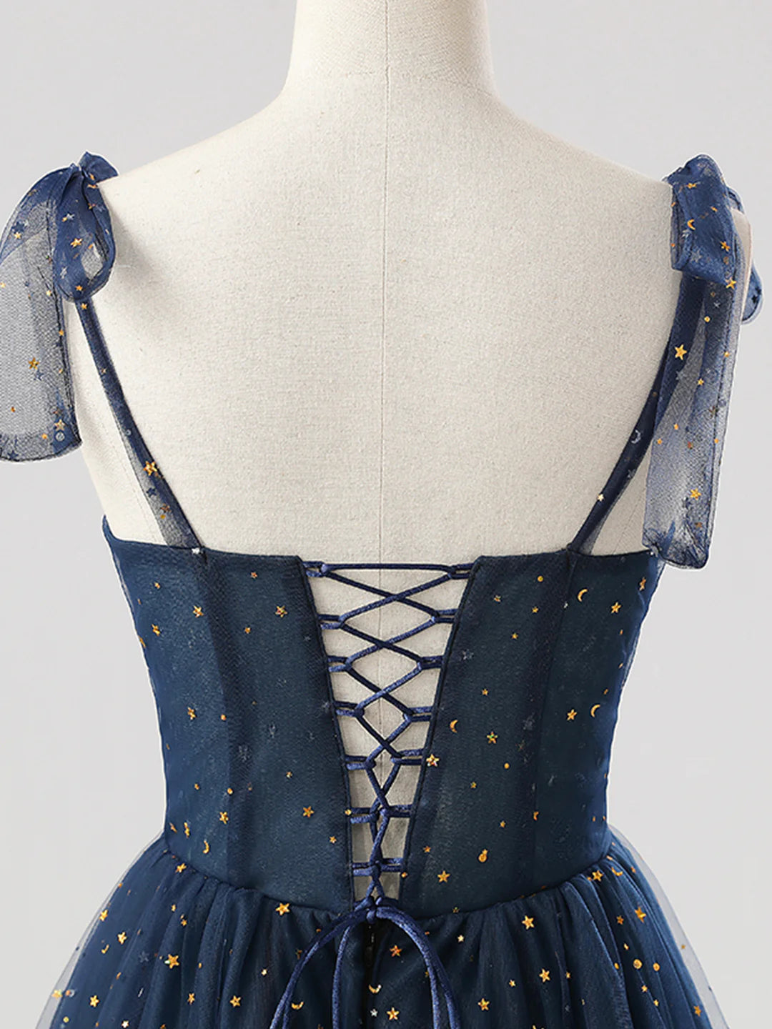 Navy Tulle Long Spaghetti Strap  Prom Dress A-Line Corset Evening Dress