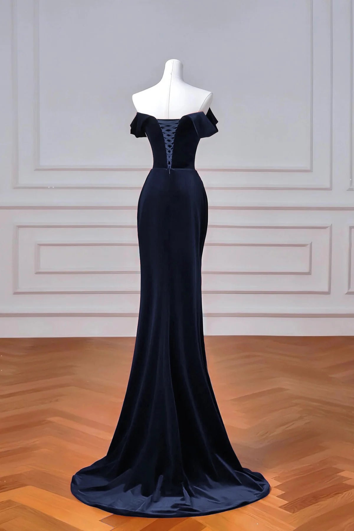 Navy Velvet Long Prom Dress Mermaid Off the Shoulder  Lace-up Dress ﻿